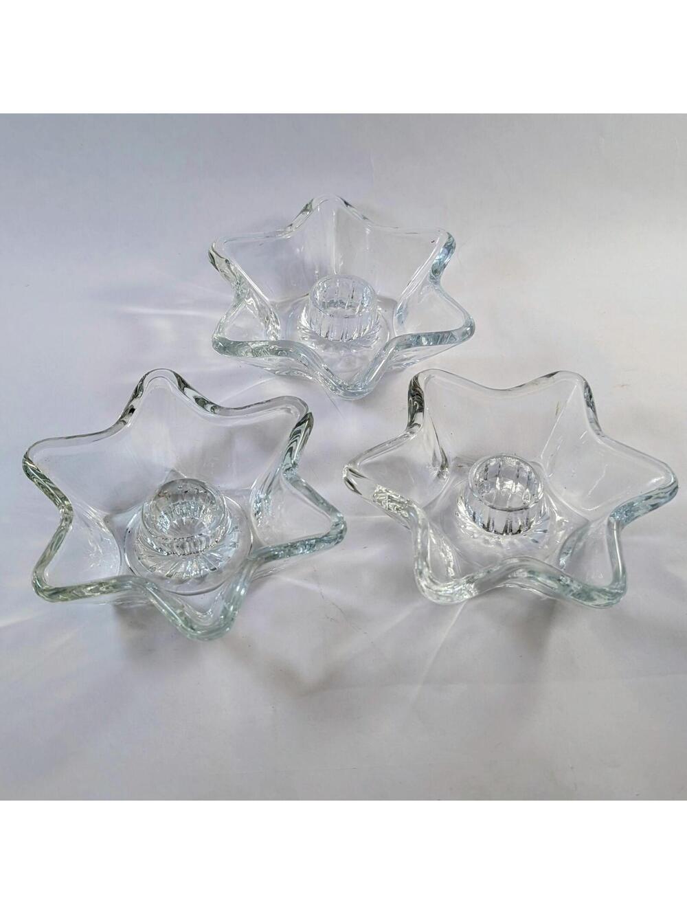 Vtg Anchor Hocking Pressed Glass Star Candlestick Holders - Set of 3